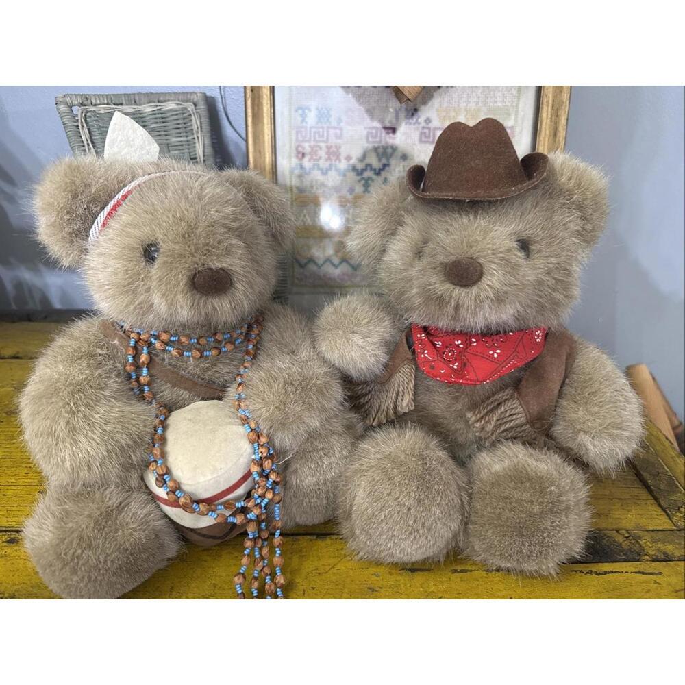VTG Mary Meyer Stuffed Animals 2 Teddy Bears Plush Cowboy And Indian 1990s